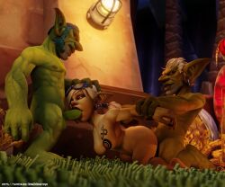 1girls 2boys 2boys1girl 3d blizzard_entertainment breast_tattoo female goblin goblin_(warcraft) goblin_female goblin_male goblin_on_goblin intraspecies kingofdracthyr male nude piercing spitroast straight tagme tattoo warcraft world_of_warcraft