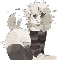 anthro anthro_female arm_warmers black_shirt choker collar dog_ears dog_girl dog_tail female furry_female glasses glasses_on_head gray_fur heart hips hips_wider_than_shoulders leaning_on_object leaning_on_table light_grey_fur looking_at_viewer messy_hair original_character smiling tail tailwag thigh_highs thighhighs thighs uovo_0_(artist) wagging_tail woof