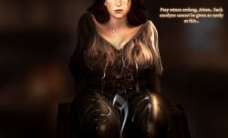 2d 2d_(artwork) cum_on_body cum_on_breasts cum_on_chest cum_on_clothes cum_on_lower_body cum_on_upper_body cum_soaked dragon's_dogma dragon's_dogma_2 english_text eyes_out_of_frame leather_pants light-skinned_female light_skin nipples_visible_through_clothing ulrika_(dragon's_dogma)