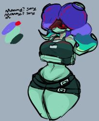 arms_crossed arms_under_breasts big_breasts big_hair breasts color_palette gemrazzled green_skin octoling octoling_girl red_glasses sanitized_octoling shorts splatoon tank_top tentacle_hair thick_thighs thighs