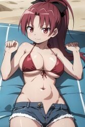 1girls ai_generated angry angry_face big_breasts bra breasts goodmorningmado long_hair looking_at_viewer mahou_shoujo_madoka_magica ponytail puella_magi_madoka_magica red_eyes red_hair sakura_kyouko solo solo_female solo_focus