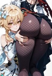 ai_generated ass ass_focus ass_grab back_view bare_legs big_ass big_butt blonde_hair fat_ass fishnets genshin_impact gigantic_ass huge_thighs light-skinned_female light_skin looking_at_viewer lumine_(genshin_impact) mako_(artist) massive_ass medium_breasts oiled_body oiled_skin pantyhose rosaria_(genshin_impact) short_hair smiling squatting sweat sweatdrop thick_thighs thighs voluptuous voluptuous_female yellow_eyes yuri