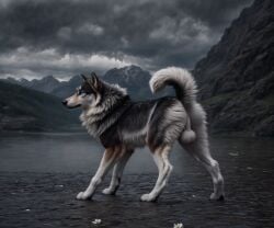 absurd_res ai_generated alaskan_malamute anus ass balls big_balls black_body black_fur black_nose blp blue_eyes brown_body brown_fur canid canine canis cheek_tuft cliff cloudy curled_tail day detailed detailed_background detailed_fur domestic_dog ears_up facial_tuft feral flower forest fur genitals hi_res landscape male male_only mammal mountain mouth_closed multicolored_body multicolored_fur neck_tuft nordic_sled_dog outside paws perineum pink_anus plant presenting presenting_hindquarters raining raised_tail realistic slim solo spitz standing storm_clouds three-quarter_view tree tuft water whisker_spots white_balls white_body white_fur white_perineum wide_hips y_anus