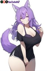 1girls ai_generated big_breasts bra breasts curvy cute dog_ears dog_girl doggirl female female_focus female_only grin highres hips huge_boobs huge_breasts kemonomimi light_skin light_skinned_female long_hair patreon_username petgirl purple_ears purple_eyes purple_hair purple_tail shirt shirt_pull shorts standing thick_thighs thighs tori toriwoofs watermark wavy_hair white_background white_skin white_skinned_female wide_hips wolf_ears