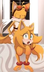 1boy1girl a_name_for_me accessory anthro anthro_on_anthro big_ass big_breasts blue_eyes blush canon_couple doggy_style hereapathy indoors male/female miles_prower nipples on_bed open_mouth penetration pink_nipples pleasure_face sega sonic_(series) sonic_boom sonic_the_hedgehog_(series) tails thick_ass thick_thighs yellow_fur zooey_the_fox