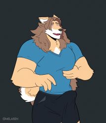 2021 absurd_res anthro artist_name blue_clothing blue_shirt blue_t-shirt blue_topwear bottomwear brown_eyes brown_hair bulge canid canine canis clothed clothing countershading cross-eyed detailed_bulge digital_media_(artwork) domestic_dog erection erection_under_clothing fur genital_outline grey_background hair hi_res hypnosis hypnotic_eyes long_hair male male_only mammal melaisen mind_control multicolored_body multicolored_fur muscular muscular_anthro muscular_male open_mouth open_smile penis_outline portrait shiba_inu shirt shorts simple_background smile solo spitz standing t-shirt tan_body tan_fur three-quarter_portrait three-quarter_view topwear two_tone_body two_tone_fur white_body white_countershading white_fur