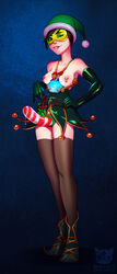 alternate_costume areolae breasts christmas female female_only green-tinted_eyewear jingle_tracer ninjakitty nipple_piercing nipples overwatch piercing solo strap-on strap-on_under_skirt thighhighs tinted_eyewear tracer visor