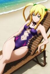 ai_generated armpits bare_legs bare_shoulders beach blonde_hair breasts casual_one-piece_swimsuit chair cleavage clothing clothing_cutout crossed_legs female female green_eyes groin hair_bobbles hair_ornament himegami_kodama legs lolita_fashion long_hair looking_at_viewer lounge_chair maken-ki! maken-ki!_(series) maken-ki!_two navel navel_cutout ocean one-piece_swimsuit purple_one-piece_swimsuit sitting small_breasts smile solo swimsuit teen teen_girl teenage teenage_girl teenager tied_hair twintails water