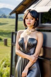 ai_generated black_hair brown_eyes celebrity dress elegant_dress golden_necklace jenna_ortega necklace photorealistic seaart.ai