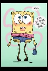 1boy blush crossdressing doc1999 gay high_heels humanoid jean_shorts male male_only no_humans non-human non-human_only sea_sponge simple_background spongebob_squarepants spongebob_squarepants_(character) stockings