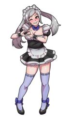 akairiot alternate_costume apron blue_legwear brown_eyes enmaided female fire_emblem fire_emblem_awakening full_body fully_clothed grey_hair heart heart_hands highres maid maid_apron maid_headdress nintendo one_eye_closed robin_(fire_emblem) robin_(fire_emblem)_(female) shoes smile solo thighhighs tied_hair transparent_background twintails