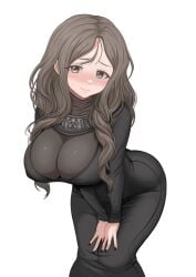 bent_over big_breasts black_nails blush brown_hair cleavage dress enki_ankarian fear_and_hunger female female_only fully_clothed genderswap_(mtf) grey_eyes hanging_breasts leaning_forward long_hair looking_at_viewer rule_63 solo sweatdrop tight_clothing wavy_hair