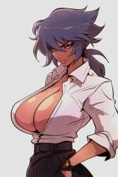 1girls 2023 balak big_breasts blue_hair breasts cleavage collared_shirt huge_breasts light-skinned_female looking_at_viewer no_bra no_bra_under_clothes office_lady ponytail simple_background solo_female white_background white_shirt wristwatch