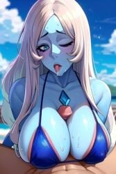 1boy 1girls ai_generated beach big_breasts bikini blue_diamond_(steven_universe) blue_skin cartoon_network covered_nipples diamond_authority female gem_(species) laying_down long_hair looking_at_viewer male male_focus one_eye_closed paizuri penis_between_breasts saliva steven_universe straight tongue_out white_hair