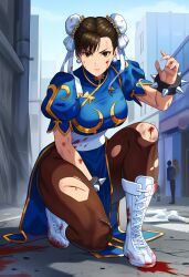 1girls ai_generated blood brown_eyes brown_hair chinese chinese_clothes chinese_dress chun-li fighter hair_bun heroine heroine_in_trouble novelai pantyhose ryona street_fighter torn_clothes torn_clothing torn_pantyhose