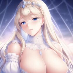 ai_generated big_breasts crown detached detached_collar detached_sleeves female female_only low_cut_dress original original_character princess queen royalty tiara white_hair