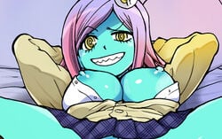 breasts female green_skin midori_(space_patrol_luluco) sexually_suggestive skirt space_patrol_luluco spread_legs