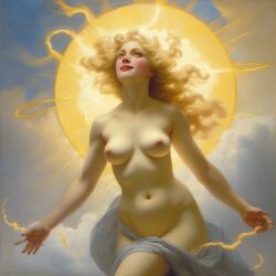 abstract ai_generated belly blonde_hair blue_eyes breasts cloud curly_hair curvy female flying goddess halo lightning lips long_hair medium_breasts navel nipples nude presenting realistic sky smile solo william_bouguereau