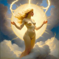 abstract ai_generated belly blonde_hair blue_eyes breasts cloud curly_hair curvy female flying goddess halo lightning lips long_hair medium_breasts navel nipples nude presenting realistic sky smile solo william_bouguereau