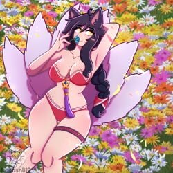 ahri animal_humanoid armpits black_fur black_hair blue_flower braided_hair breasts cleavage collarbone default_ahri female female_only flower flower_field fox_humanoid jewelry kemonomimi lakashb12 league_of_legends long_nails medium_breasts pale_skin red_clothing red_underwear riot_games slim small_waist sniffing solo thick_thighs underwear white_fur white_skin white_tail wide_hips yellow_eyes yellow_pupils