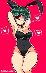 1girls 2024 alternate_costume armpits arms_behind_head arms_up bedroom_eyes blush breasts bunny_ears bunnysuit chainsaw_man cleavage cute drunk eye_patch green_eyes green_hair heart himeno_(chainsaw_man) licking licking_lips looking_at_viewer osulan short spoken_heart standing tagme thighs tongue tongue_out twitter_username watermark