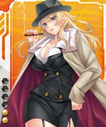 aikawa_arisa bangs black_hat blazer blonde_hair breasts cigar taimanin_asagi_battle_arena taimanin_asagi_battle_arena_all_card_gallery victoria_zakharov