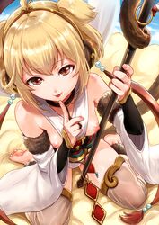 :p anchira_(granblue_fantasy) bare_shoulders barefoot blonde_hair blush breasts breasts_out brown_eyes detached_sleeves eri_(resia) erun_(granblue_fantasy) female finger_to_mouth granblue_fantasy hairband highres index_finger_raised looking_at_viewer monkey_ears monkey_tail nipples short_hair sitting smile solo staff tail tongue tongue_out wariza