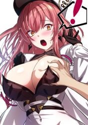 1boy 1girls akeyama_kitsune azur_lane black_gloves blush breast_grab breasts cap cleavage clothed clothing gloves groping groping_breast hat huge_breasts light-skinned_female light-skinned_male light_skin northern_parliament_(azur_lane) open_mouth red_hair shocked spoken_exclamation_mark surprised volga_(azur_lane) yellow_eyes