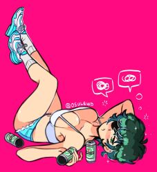 1girls 2024 beer blush breasts chainsaw_man cleavage crop_top denim denim_shorts drunk eye_patch green_eyes green_hair heineken himeno_(chainsaw_man) hotpants legs_up looking_at_viewer lying navel on_back osulan short_hair short_shorts sneakers socks tagme tank_top thighs twitter_username watermark