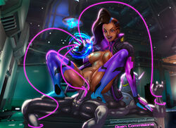 1boy 1girls areolae armor ass breasts brown_hair dark-skinned_female dark_skin erection female formal gauntlets genji gloves helmet large_breasts legwear male mask moulinrouge multicolored_hair navel nipples open_mouth overwatch penis power_armor purple_eyes purple_hair pussy restrained riding sex shoes sombra spread_legs straight suit toe_socks toes tongue two_tone_hair vaginal_penetration