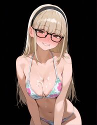 1girls ai ai_art ai_assisted ai_generated bikini blonde_hair brown_eyes cum cum_on_breasts eve flower_print lavette long_hair of original original_character pink_lipstick pink_nails solo solo_female solo_focus straight straight_hair xcrystallex