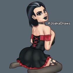 1girls 2d 2d_(artwork) alternate_version_available black_hair black_lipstick clothing digital_drawing_(artwork) digital_media_(artwork) earrings female female_focus female_only goth goth_girl joakadraws light-skinned_female light_skin lipstick long_hair looking_at_viewer odette_(summertime_saga) on_floor on_knees pose posing presenting presenting_ass see-through see-through_clothing simple_background skirt smile smiling solo solo_focus summertime_saga tattoo tattoos topwear