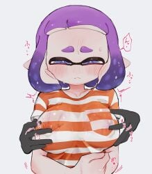 1girls blue_eyes blush breast_grab breasts doro_mizu_831 dubious_consent erect_nipples grabbing grabbing_another's_breast grabbing_breasts inkling inkling_girl nipple_tweak nipples purple_hair questionable_consent rokka-chan_(doro_mizu_831) short_hair splatoon splatoon_(series) striped_clothes striped_clothing striped_shirt tentacle tentacle_hair