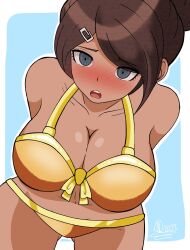 2023 alternate_version_available arms_behind_back asahina_aoi big_breasts bikini blue_background blush breasts brown_body brown_hair brown_skin danganronpa danganronpa:_trigger_happy_havoc dark-skinned_female embarrassed embarrassed_female female female_focus female_only gray_eyes grey_eyes hairclip nipples pussy short_hair spicyboi tied_hair white_border yellow_bikini