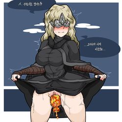 1girls blue_background blush clothing color dark_souls dark_souls_3 dialogue estus_flask female female_only fire_keeper fromsoftware korean_text pani penetration pussy simple_background skirt skirt_lift solo speech_bubble standing text translation_request white_border