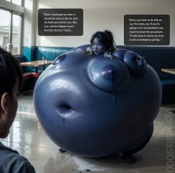 1boy 1girls ai_generated asian asian_female belly_expansion big_areola big_belly big_breasts big_nipples blue_hair blue_skin blueberry_inflation breast_expansion dialogue expansion hgswells9000 inflation long_hair naked naked_female navel spherical_inflation stable_diffusion