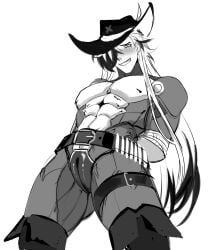 1boy 1cuntboy arms_tied ass_visible_through_thighs belt black_and_white black_hair blush blush_lines blushing_at_viewer blushing_profusely boothill_(honkai:_star_rail) cowboy cowboy_hat cuntboy cuntboy_only cyborg garter_belt gay hair_covering_eye hair_over_one_eye half_naked hands_behind_back hi_res high_resolution highres honkai:_star_rail honkai_(series) intersex kyooq_ looking_at_viewer male male_focus male_only metallic_body muscular pussy rope rope_bondage simple_background smile smiling smiling_at_viewer solo solo_focus solo_male tied_up vagina white_background white_hair yaoi