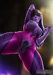 akiru anus blizzard_entertainment bodysuit breasts censored female female_only large_breasts nipples overwatch purple_hair purple_lips purple_skin pussy solo tagme torn_clothes widowmaker yellow_eyes