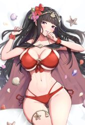 1girls absurdres alternate_costume ass_visible_through_thighs bikini black_hair breasts cape cleavage female fire_emblem fire_emblem_awakening fire_emblem_heroes flower flower_bracelet gonzarez grin hair_flower hair_ornament highres large_breasts light-skinned_female light_skin long_hair looking_at_viewer lying navel nintendo o-ring o-ring_bikini official_alternate_costume on_back parted_lips purple_eyes red_bikini red_flower red_swimsuit shell smile solo swimsuit tharja_(fire_emblem) tharja_(summer)_(fire_emblem) underboob