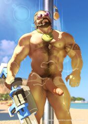 1boy 1male abs balls bara beach beard big_balls big_penis body_hair completely_nude cum cum_drip cum_dripping_from_penis dark_hair erection facial_hair genital_fluids hairy hairy_chest hairy_male league_of_legends malcolm_graves male male_nipples male_only male_pubic_hair muscular_male naxxillustration nipples nude penis pool_party_graves pool_party_series riot_games solo sunglasses sunlight