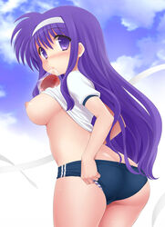 adjusting_buruma adjusting_clothes ass blush breasts buruma cloud female gym_uniform hairband highres large_breasts long_hair looking_back lyrical_nanoha mahou_shoujo_lyrical_nanoha mouth_hold nipples no_bra panties panties_under_buruma purple_eyes purple_hair shirt_lift sky solo striped striped_panties sweat tsukimura_suzuka underwear watanohara