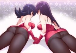 2girls akira_(natsumemo) ass back bare_shoulders black_hair black_legwear blush breasts dat_ass duo female_only fully_clothed fur_trim gloves human large_breasts long_hair looking_at_viewer looking_back multiple_girls nintendo pantyhose pokemon pokemon_frlg pokemon_hgss purple_hair red_eyes red_gloves sabrina_(pokemon) sabrina_(pokemon_hgss) thighband_pantyhose