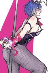 1boy blush bunny_ears bunnysuit crossdressing femboy fishnets handcuffs headband kaito_(vocaloid) rabbit_hole_(deco*27/caststation) rabbit_hole_(vocaloid) restrained revealing_clothes solo_male stripper_pole tied_hands vocaloid