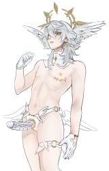 absurd_res absurd_resolution absurdres angel_wings blue_pupils blush blush_lines butt_wings collar collar_only cuntboy cuntboy_only ear_piercing earring garter_belt gloves gold_(metal) gold_earrings gold_jewelry gold_piercing gray_hair halo head_wings honkai:_star_rail honkai_(series) intersex kyooq_ long_hair_cuntboy looking_at_viewer looking_down mastectomy_scar nipples only pale-skinned_cuntboy pale_skin pierced_ears scar scars scars_on_chest simple_background skinny slim slim_waist spread_wings staring_at_viewer strap strap-on strapon sunday_(honkai:_star_rail) thick_thighs thighs white_background wing_piercing winged_humanoid wings wings_on_head yellow_eyes yellow_scar