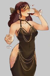 50gryvnia belly_button_visible_through_clothing blush dress drinking drinking_glass drunk gold_(metal) gold_jewelry jujutsu_kaisen long_hair meme meme_attire modakawa_dress scar scar_across_face thick_thighs utahime_iori wide_hips wine wine_glass