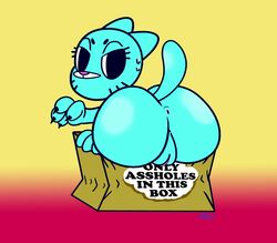 2017 anthro anus ass big_butt blue_fur box cartoon_network claws english_text eyelashes feline female fur looking_at_viewer mammal nicole_watterson nude presenting presenting_hindquarters pussy raised_tail simple_background skadog solo sweat text the_amazing_world_of_gumball whiskers