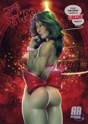 1girls artofazrael ass avengers bare_shoulders big_breasts blush christmas dat_ass dialogue english_text female female_only green_eyes green_hair green_skin hips holidays hulk_(series) large_breasts legs lips long_hair looking_at_viewer looking_back marvel marvel_comics nipples rear_view she-hulk sideboob solo speech_bubble text thighs xmas