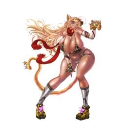 animal_humanoid big_breasts bikini blonde_hair blue_eyes bra breasts briefs cat_humanoid clothing eden's_ritter_grenze felid felid_humanoid feline feline_humanoid fingerless_gloves footwear gloves grey_clothing grey_footwear grey_socks hair handwear hi_res huge_breasts humanoid mammal mammal_humanoid meow_mao_(eden's_ritter_grenze) naglfar navel red_scarf scarf shoes sneakers socks solo swimwear tail tan_body tan_skin underwear visor yellow_tail