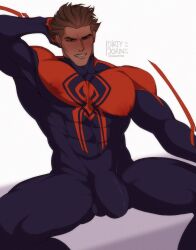 1boy bara bodysuit bulge clothing d1rtyj0rin dark-skinned_male flaccid hispanic hispanic_male looking_at_viewer male male_only marvel miguel_o'hara muscular muscular_male penis_outline skin_tight solo spider-man spider-man:_across_the_spider-verse spider-man_(series) spider-man_2099 tight_clothing