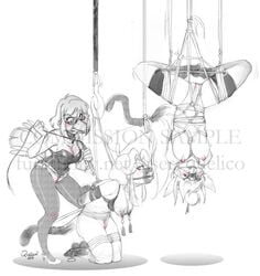 anthro arms_behind_back avian ball_gag bird bondage breasts breasts_out crotch_rope feline female femdom femsub gag glasses multiple_subs nipple_clamps nipple_weights pussy quelico rope suspension tail_bondage tied upside-down weights_(bdsm) whip yuri